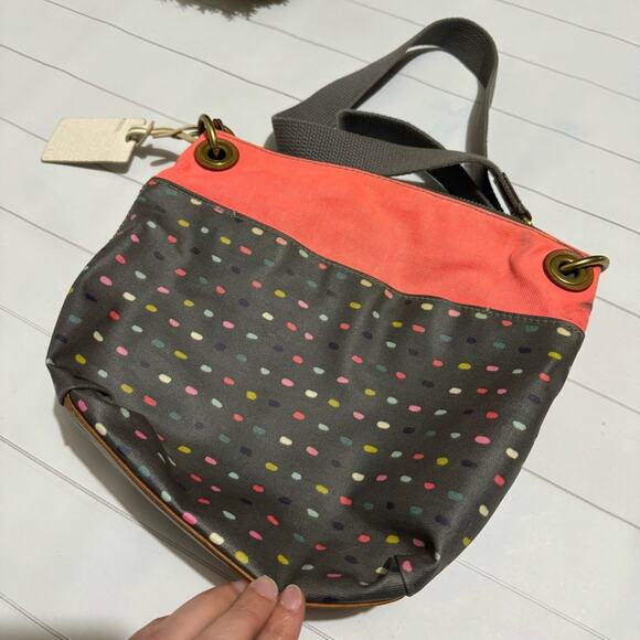 Fossil Peach Coral Gray Polka Dot Canvas Crossbody Shoulder Bag Purse - Picture 3 of 7